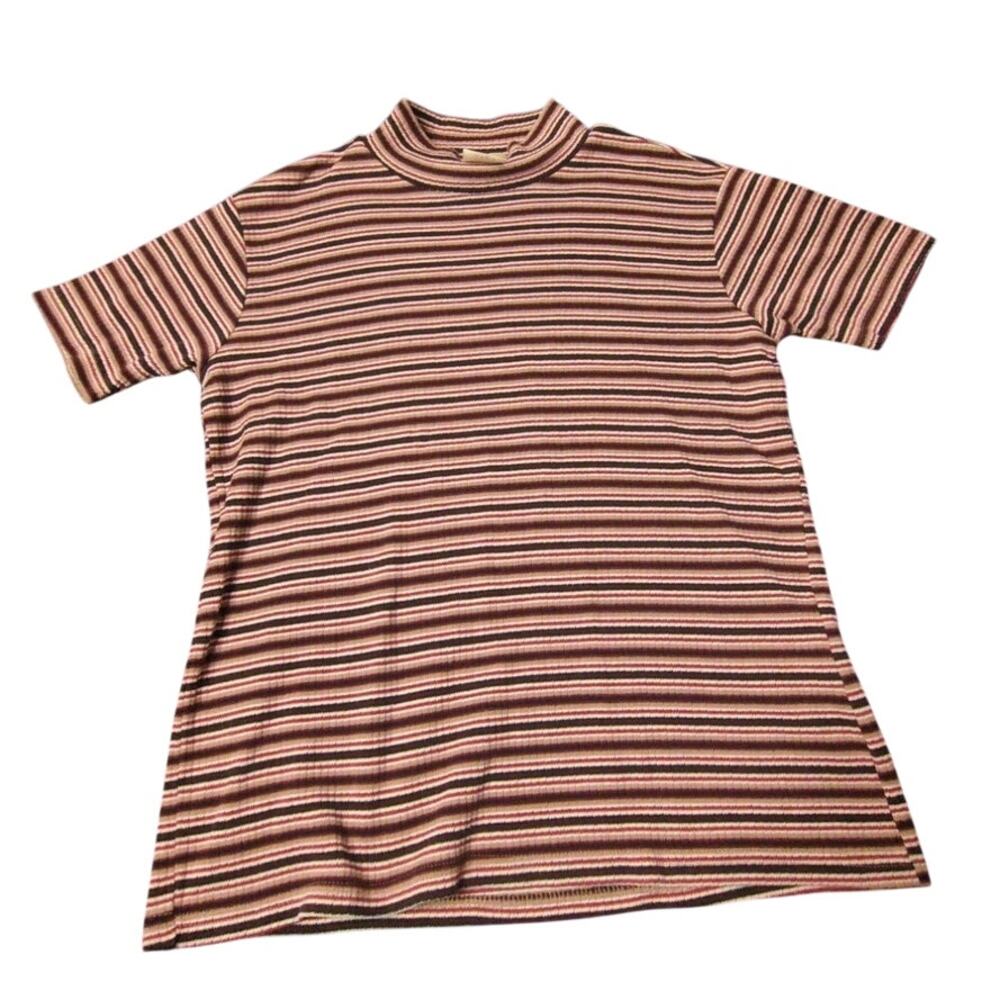 Vintage Bobbie Brooks Striped Turtle Mock Neck Ribbed Tee Shirt Sz Medium Retro